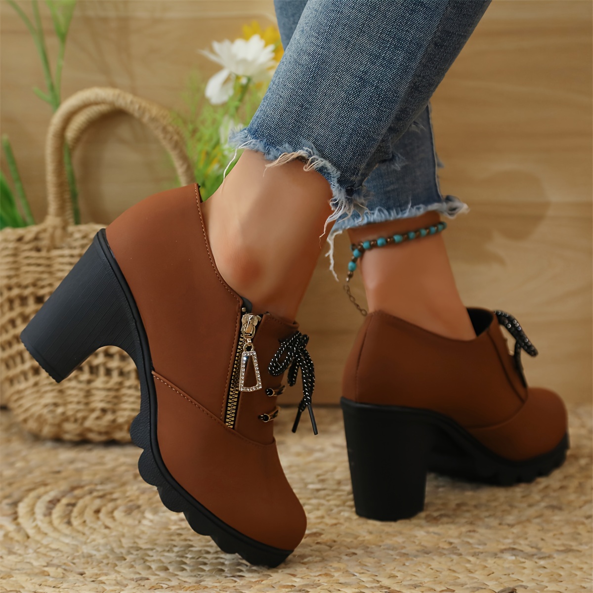 womens chunky heeled ankle boots fashion lace up side zipper booties all match high heeled short boots details 2