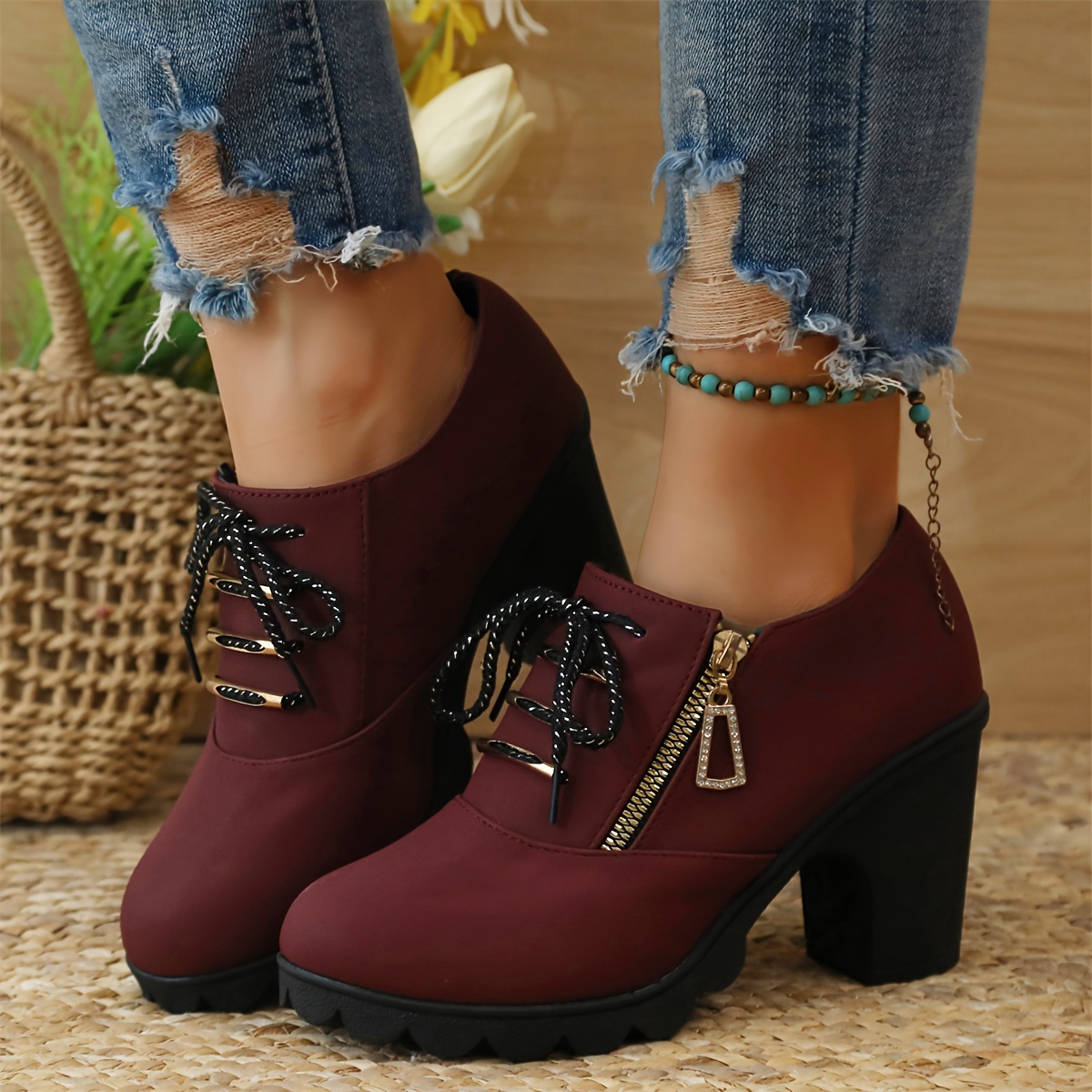 womens chunky heeled ankle boots fashion lace up side zipper booties all match high heeled short boots details 3