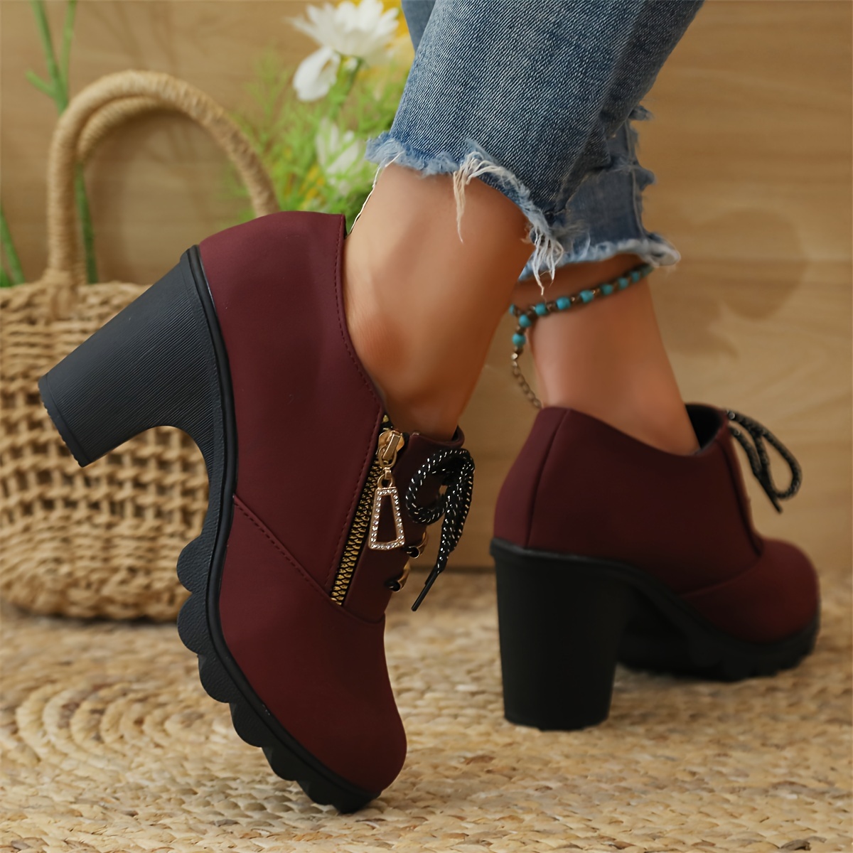 womens chunky heeled ankle boots fashion lace up side zipper booties all match high heeled short boots details 5