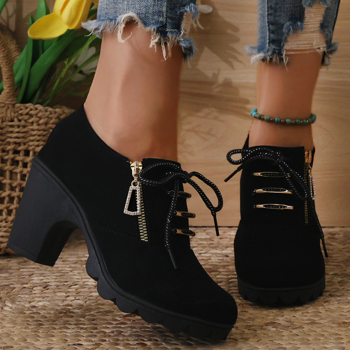 womens chunky heeled ankle boots fashion lace up side zipper booties all match high heeled short boots details 6