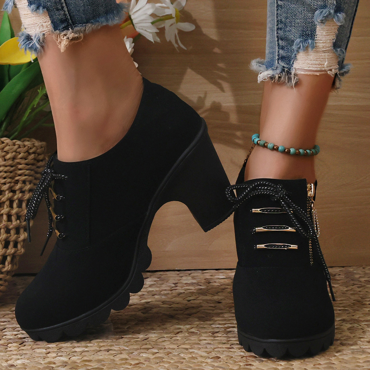 womens chunky heeled ankle boots fashion lace up side zipper booties all match high heeled short boots details 9