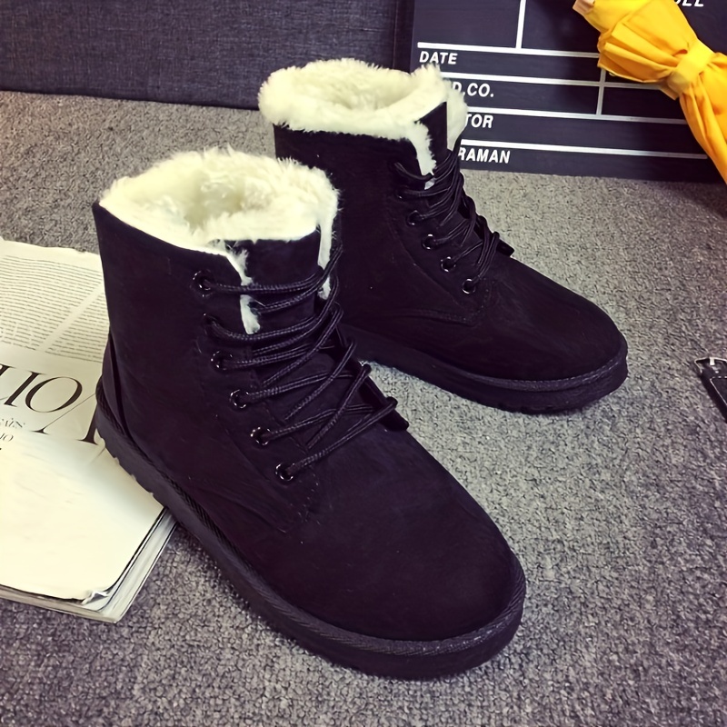 solid color snow boots, womens solid color snow boots casual lace up plush lined boots comfortable ankle boots details 0