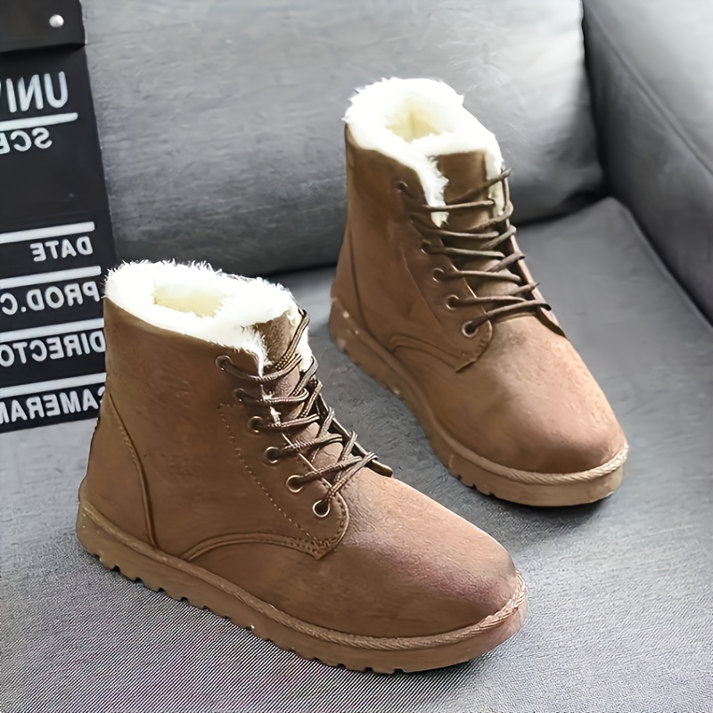 solid color snow boots, womens solid color snow boots casual lace up plush lined boots comfortable ankle boots details 4