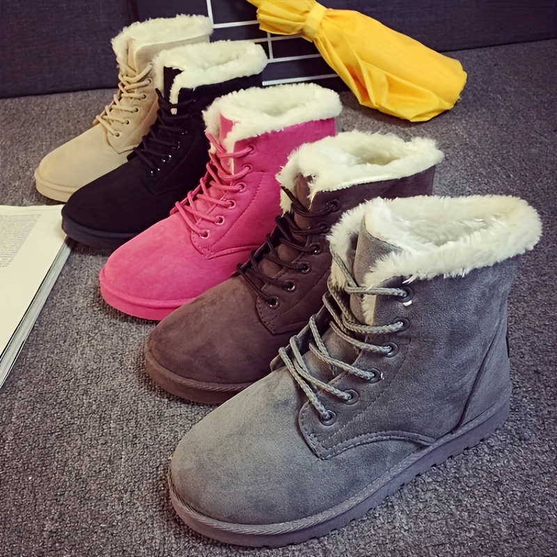 solid color snow boots, womens solid color snow boots casual lace up plush lined boots comfortable ankle boots details 6