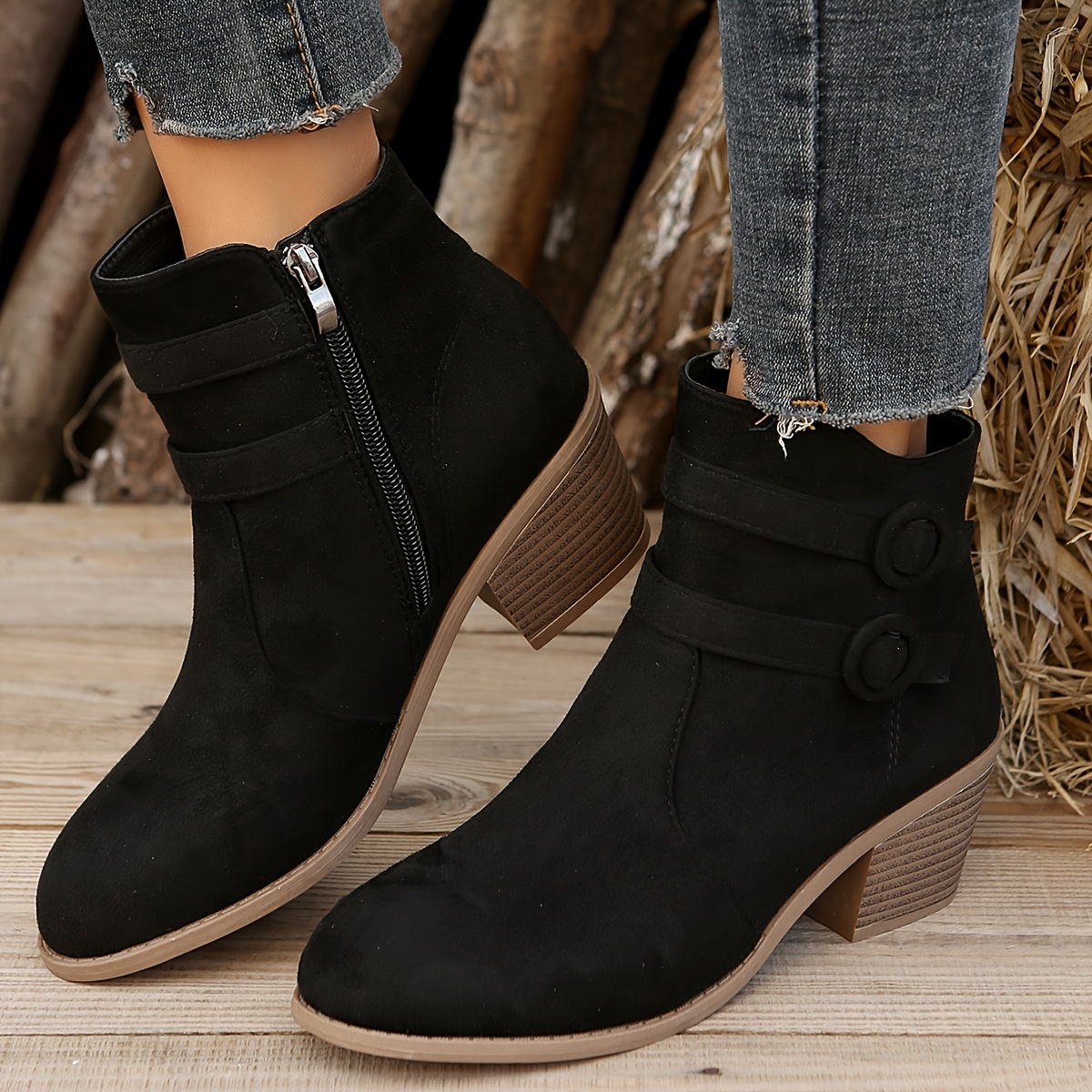 womens retro chunky heeled ankle boots double buckle strap side zipper boots comfortable short boots details 3