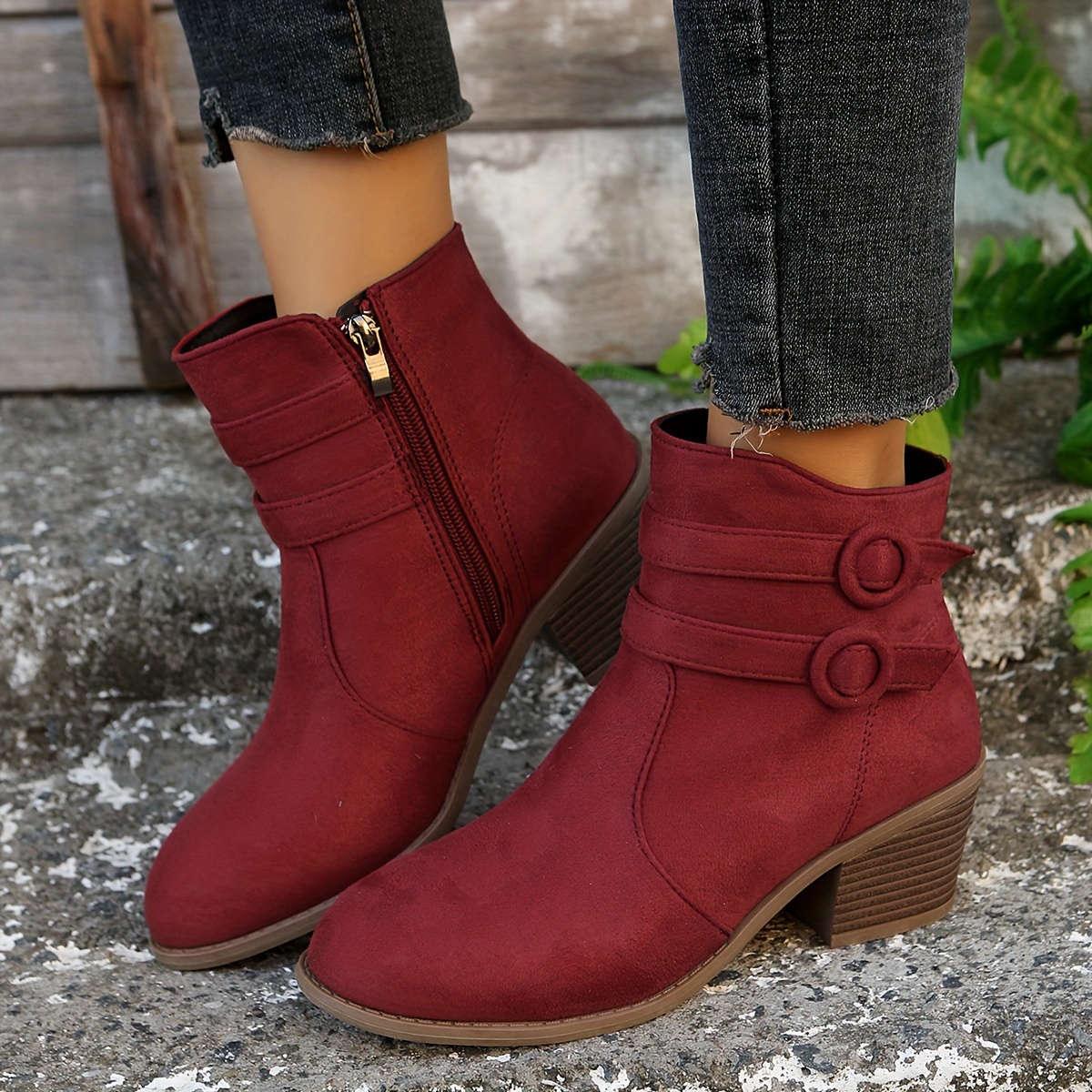 womens retro chunky heeled ankle boots double buckle strap side zipper boots comfortable short boots details 7