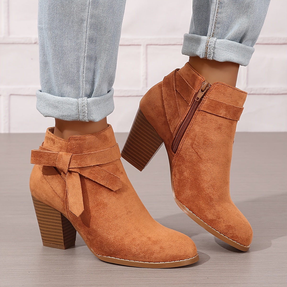 womens chunky heeled ankle boots bowknot side zipper stacked heels booties casual suedette short boots details 0