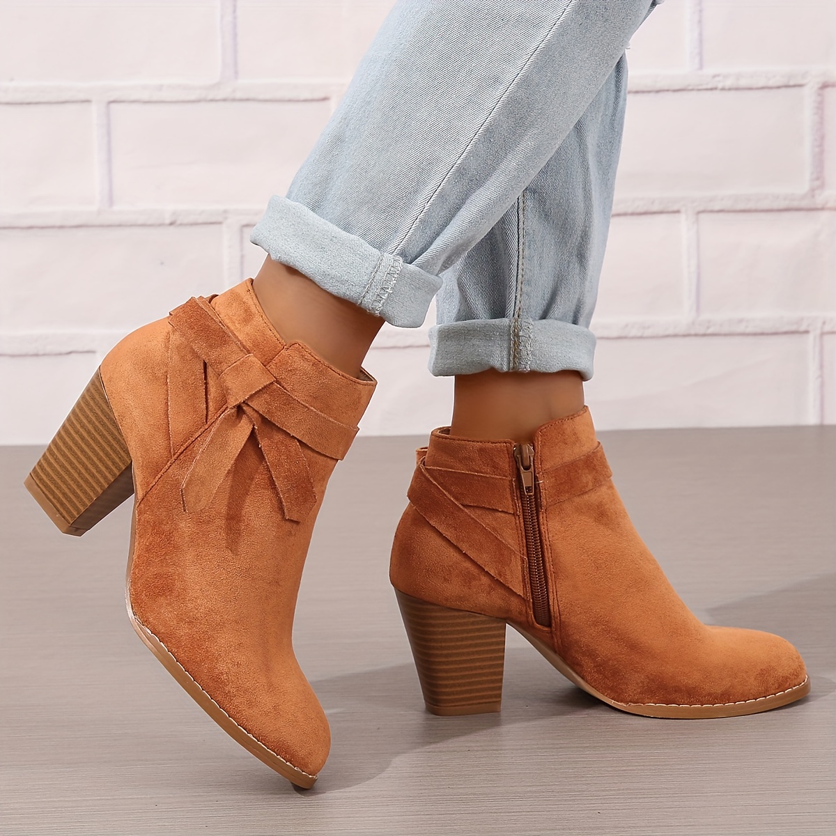 womens chunky heeled ankle boots bowknot side zipper stacked heels booties casual suedette short boots details 1