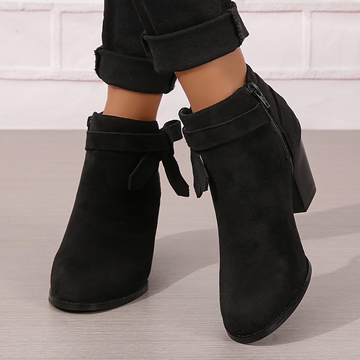 womens chunky heeled ankle boots bowknot side zipper stacked heels booties casual suedette short boots details 5