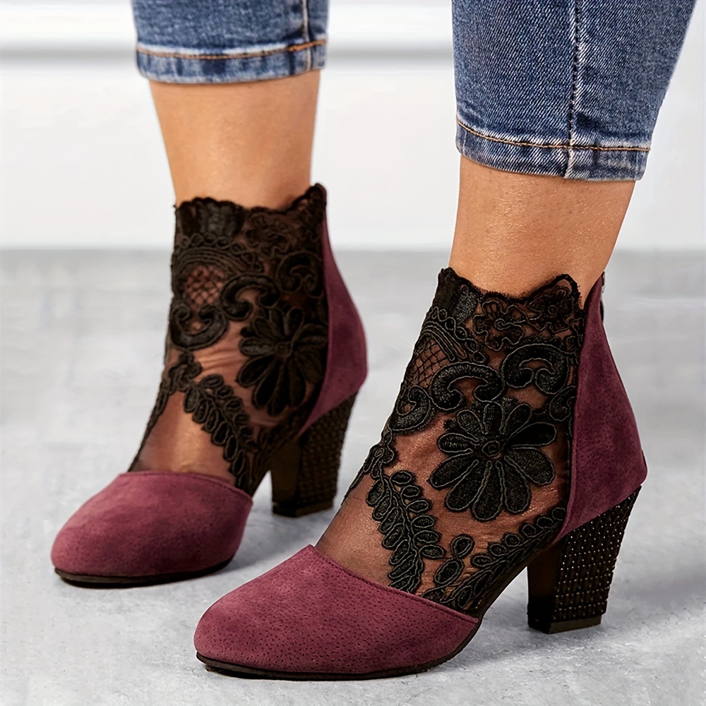 womens floral lace ankle boots fashionable pointed toe chunky heeled boots versatile high heeled boots details 4