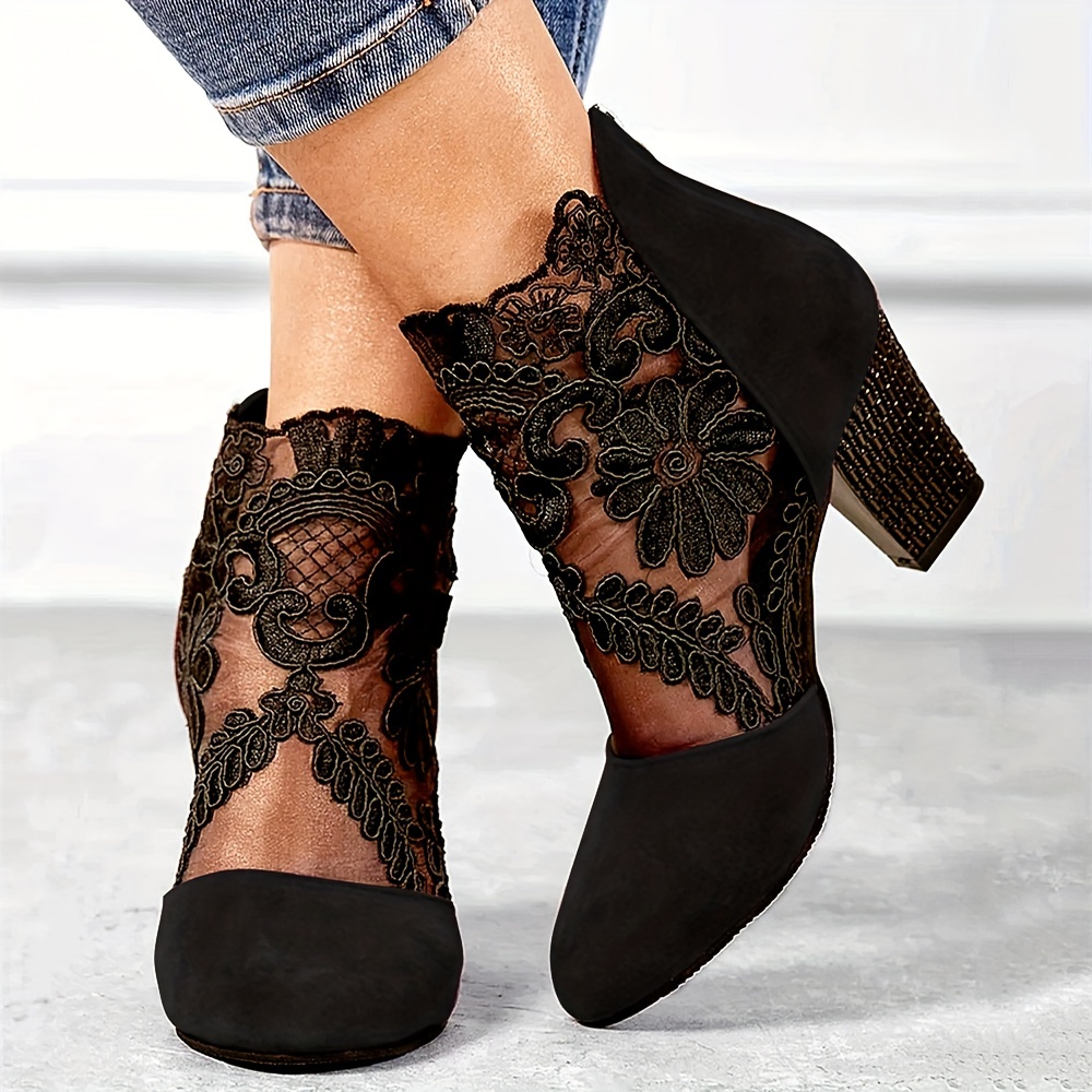 womens floral lace ankle boots fashionable pointed toe chunky heeled boots versatile high heeled boots details 6