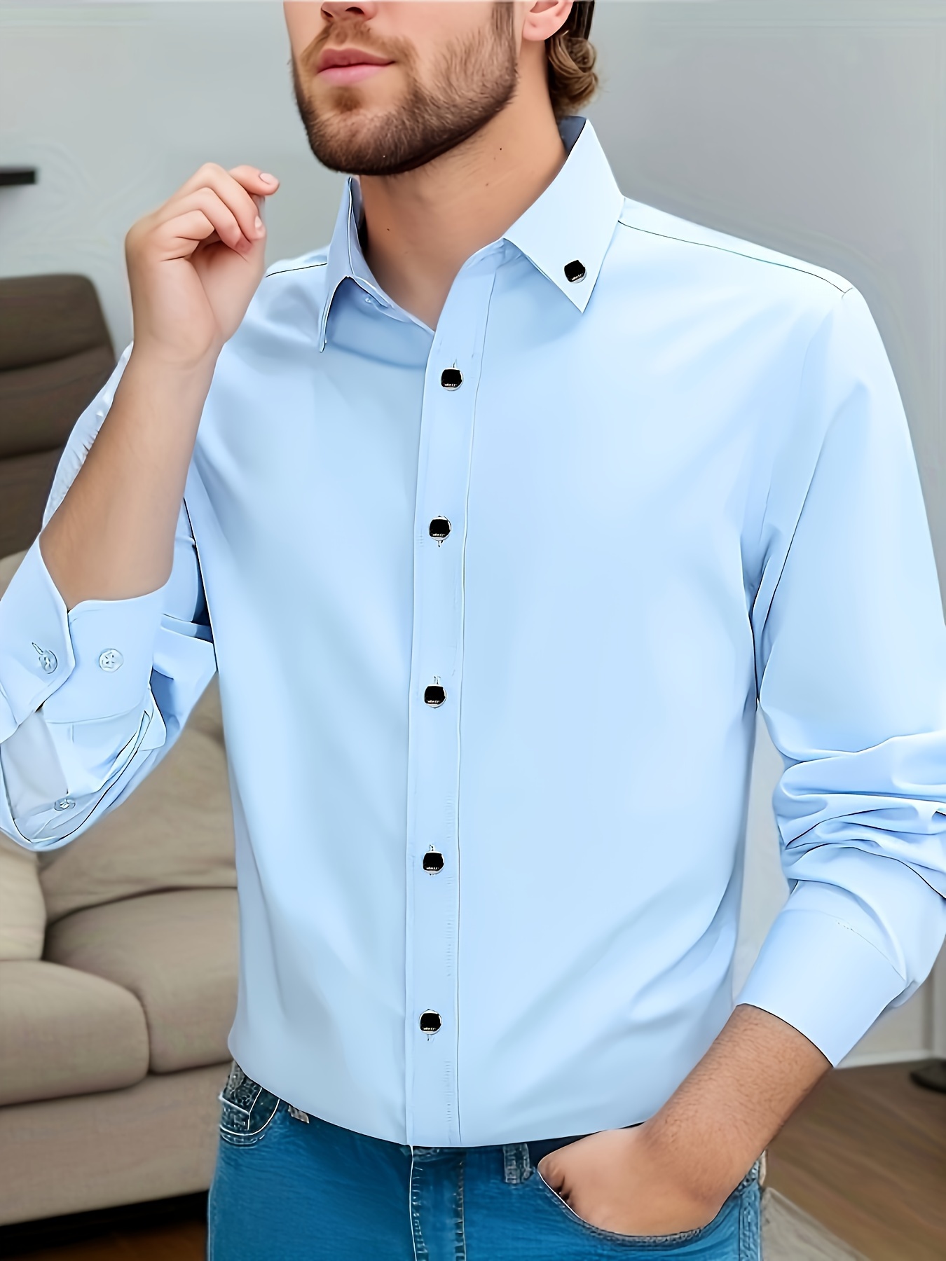 2 pcs mens stylish solid shirt casual breathable lapel button up long sleeve shirt top for business activities details 6