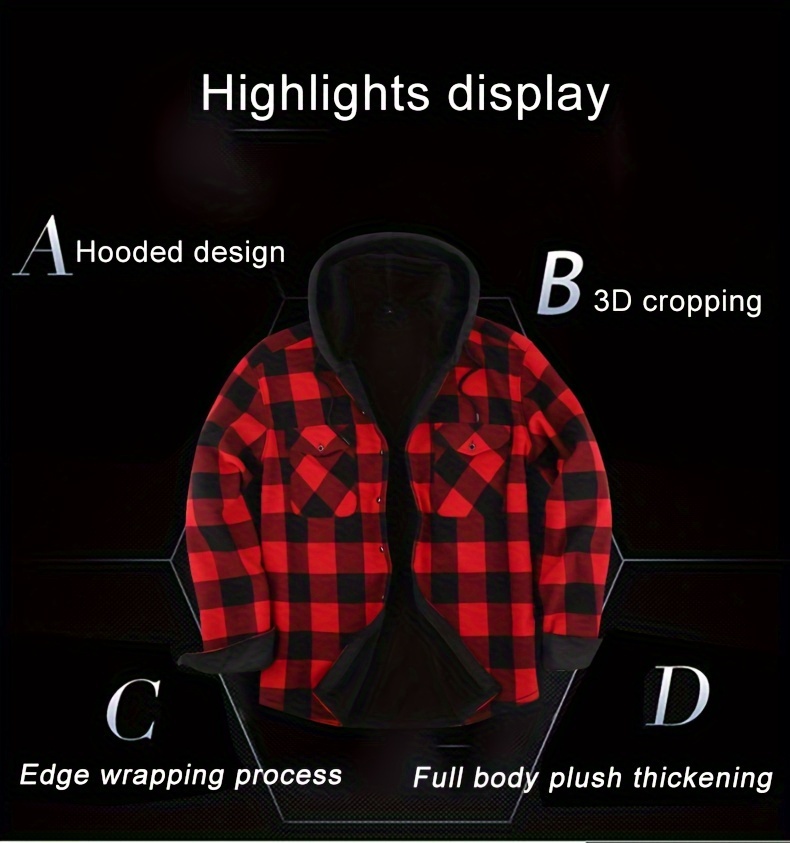 plus fleece warm daily mens plaid pattern long sleeve hooded button shirt for fall winter outdoor mens casual color block shirt jacket details 3