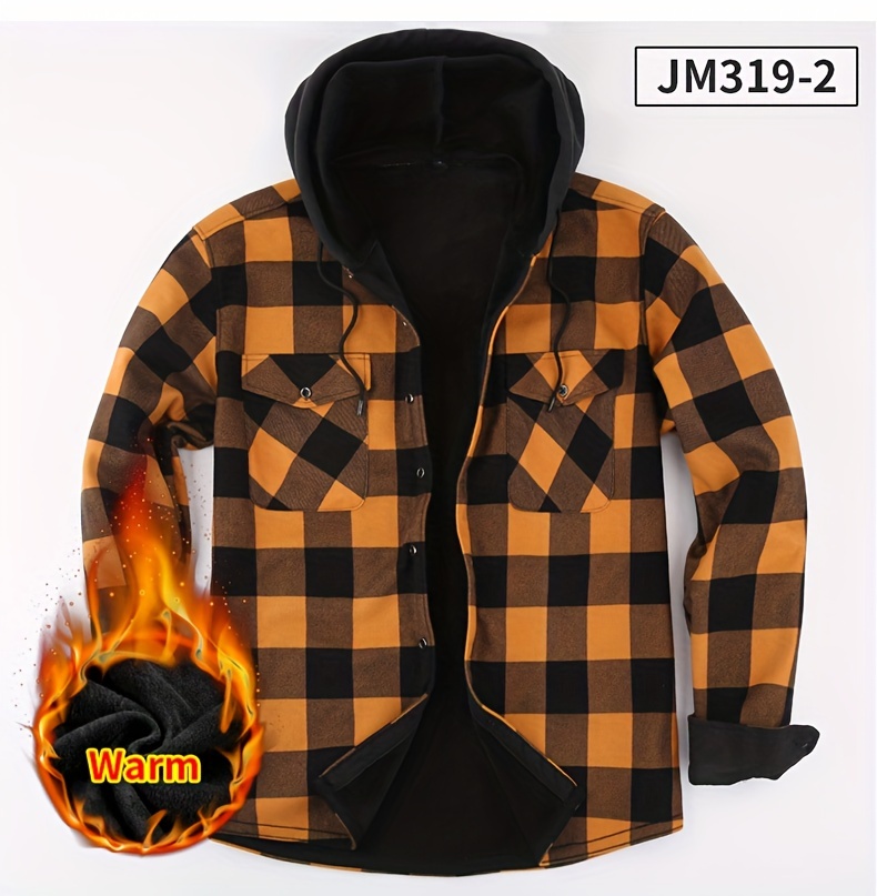 plus fleece warm daily mens plaid pattern long sleeve hooded button shirt for fall winter outdoor mens casual color block shirt jacket details 4