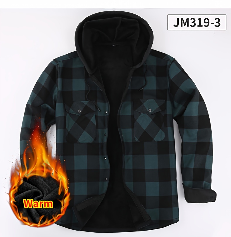 plus fleece warm daily mens plaid pattern long sleeve hooded button shirt for fall winter outdoor mens casual color block shirt jacket details 5