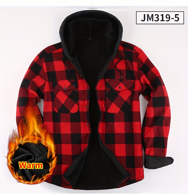 plus fleece warm daily mens plaid pattern long sleeve hooded button shirt for fall winter outdoor mens casual color block shirt jacket details 6