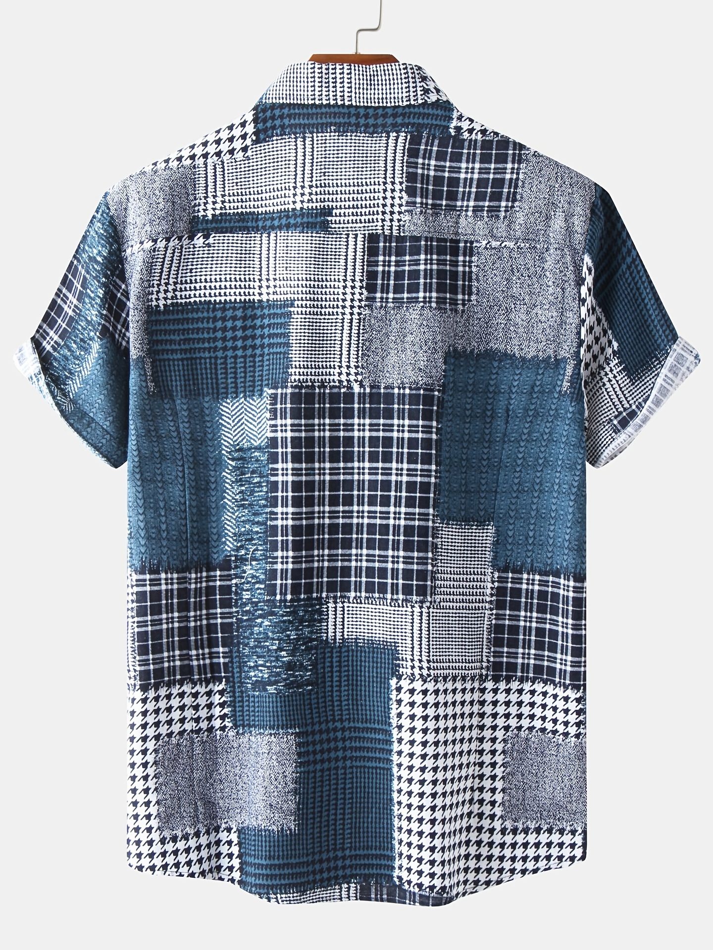 mens check panel contrast color casual linen short sleeve shirt best sellers details 3