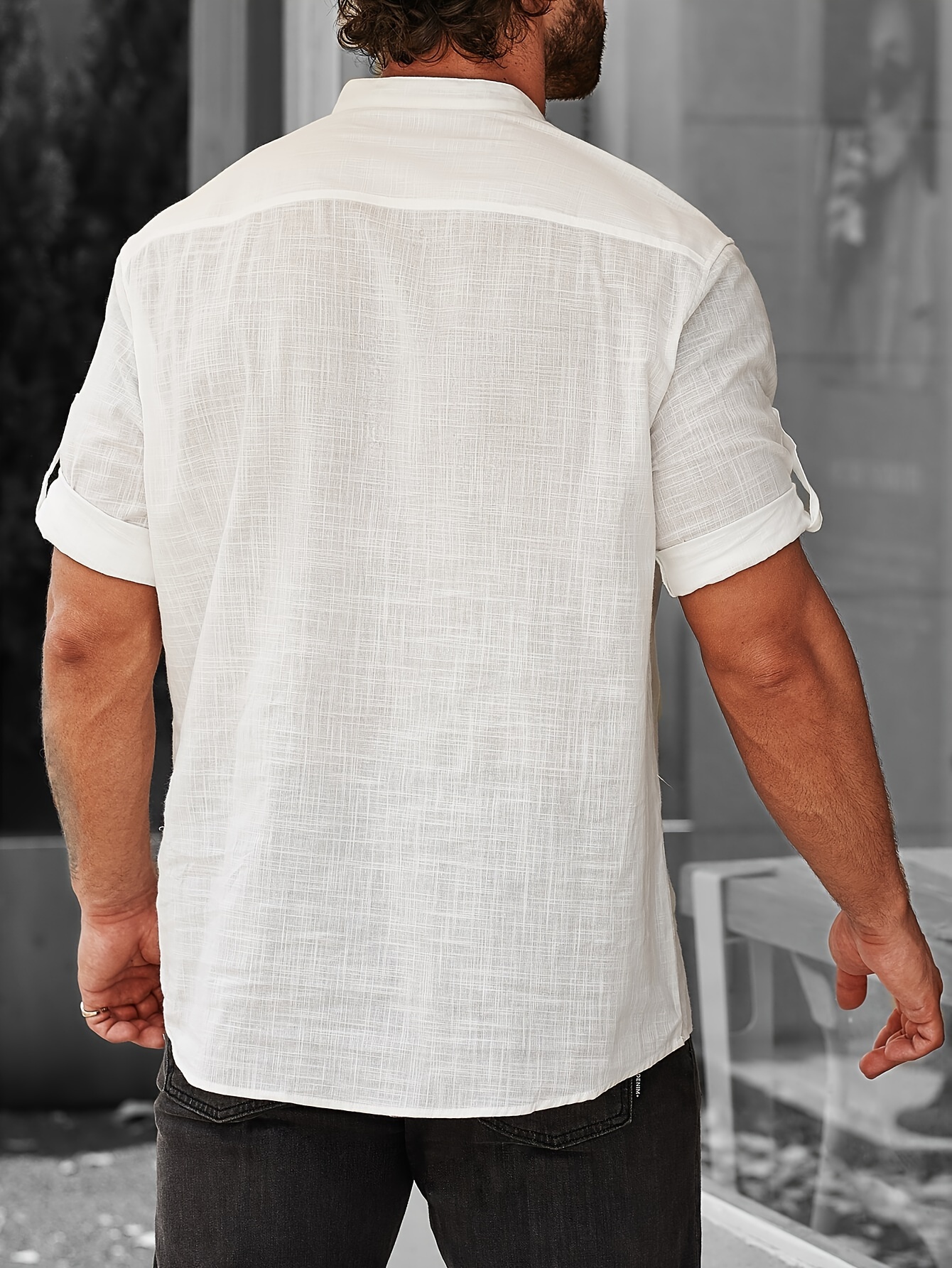 short sleeve shirt, casual comfy cotton mens short sleeve shirt with stand collar for summer holiday details 0