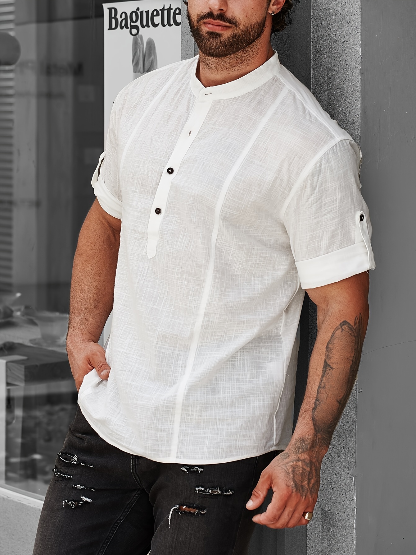 short sleeve shirt, casual comfy cotton mens short sleeve shirt with stand collar for summer holiday details 1