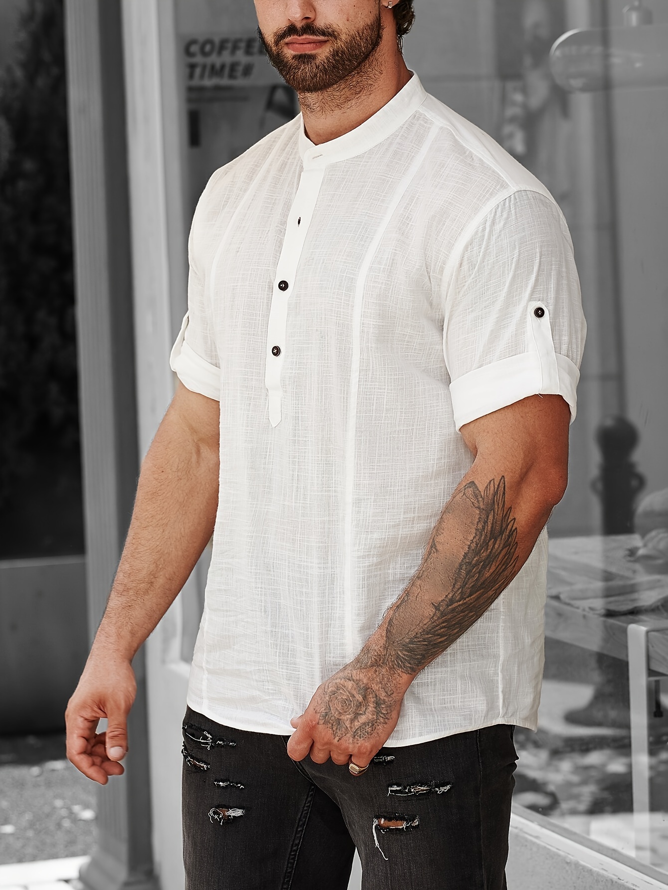 short sleeve shirt, casual comfy cotton mens short sleeve shirt with stand collar for summer holiday details 2