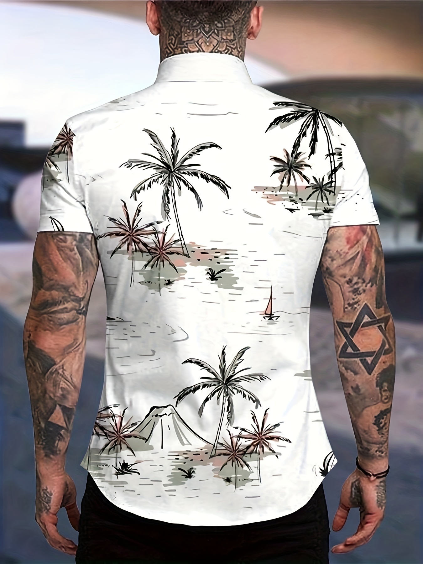 mens coconut trees print shirt hawaiian casual short sleeve shirt for summer mens clothing details 0