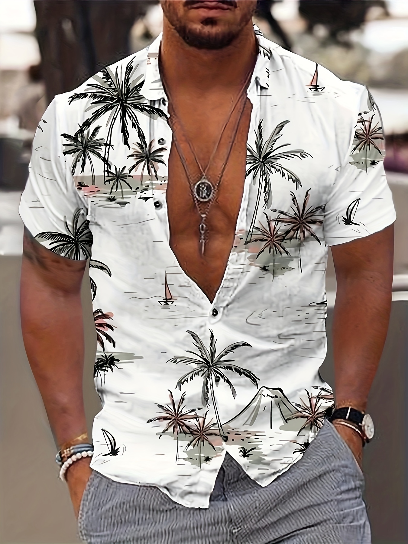 mens coconut trees print shirt hawaiian casual short sleeve shirt for summer mens clothing details 1