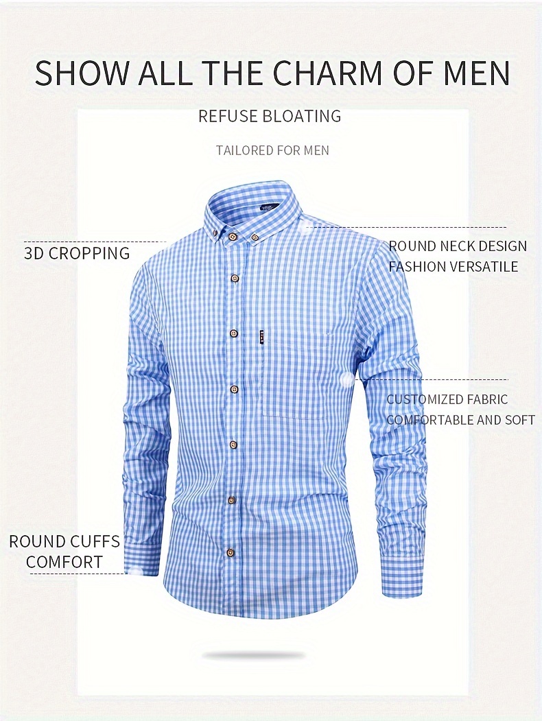 mens casual slim cotton plaid pattern long sleeve button up shirt with chest pocket gift for men details 0