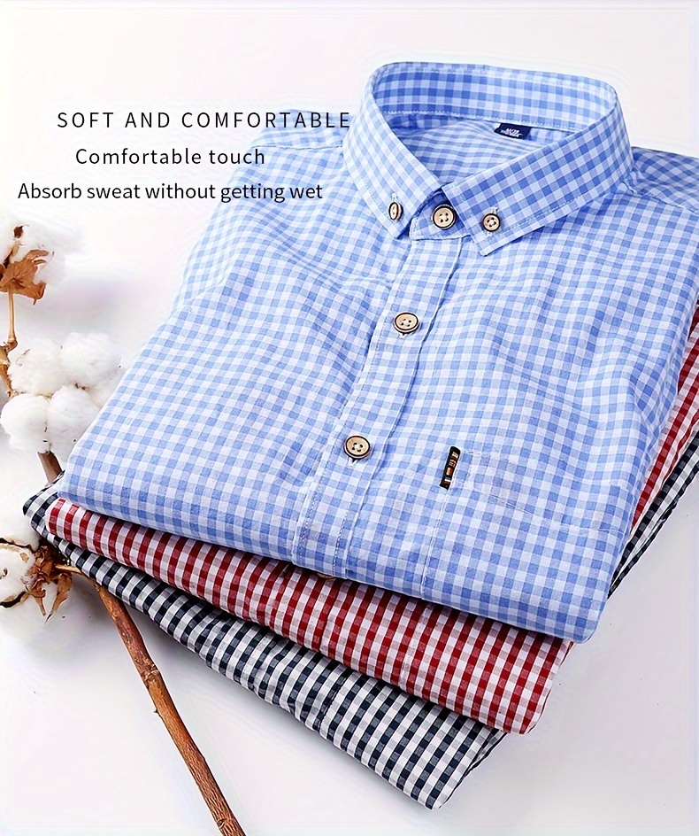 mens casual slim cotton plaid pattern long sleeve button up shirt with chest pocket gift for men details 2