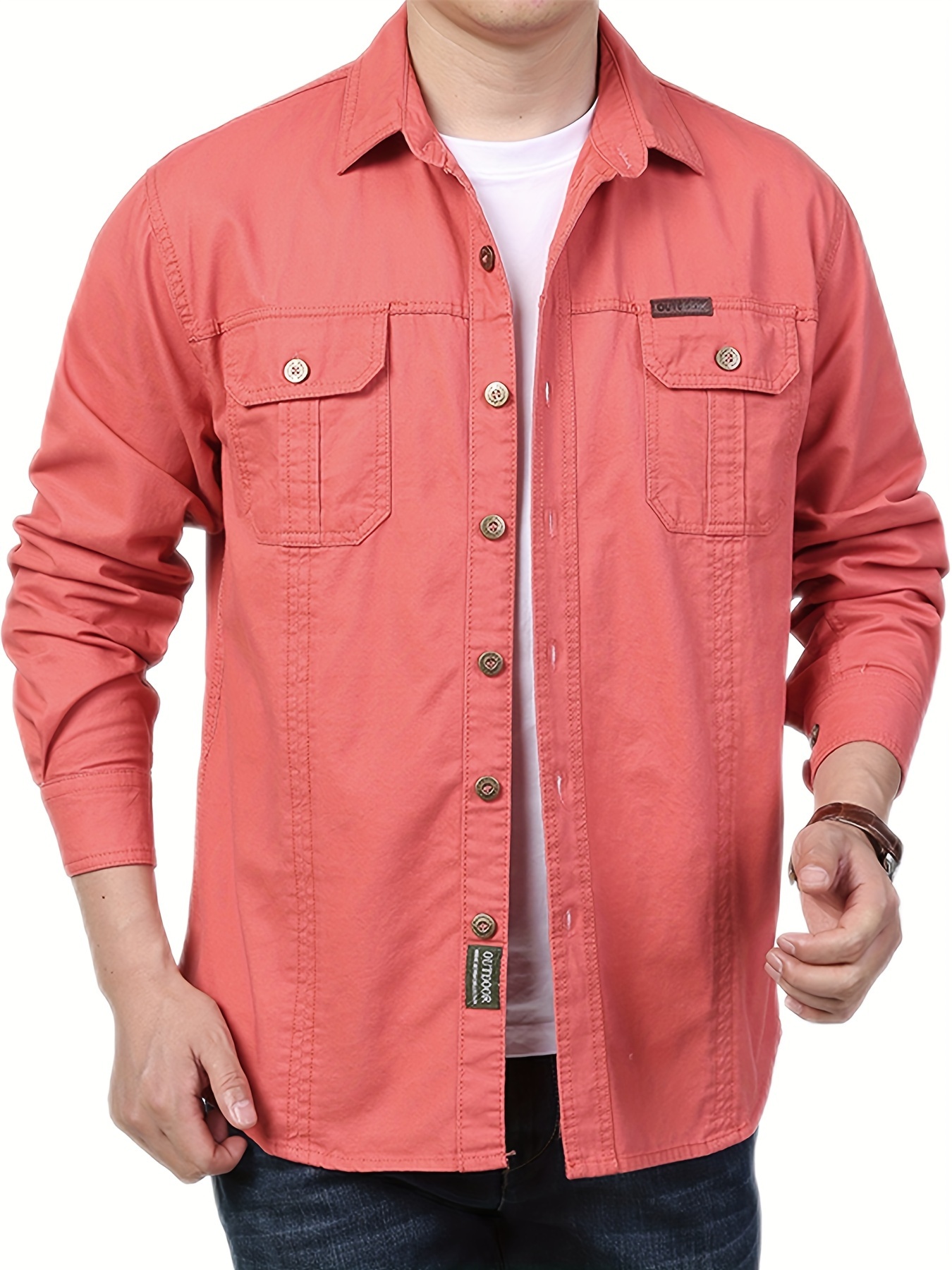 cotton comfy solid mens cargo style long sleeve button down shirt with flap pockets spring fall thin shirt jacket details 0