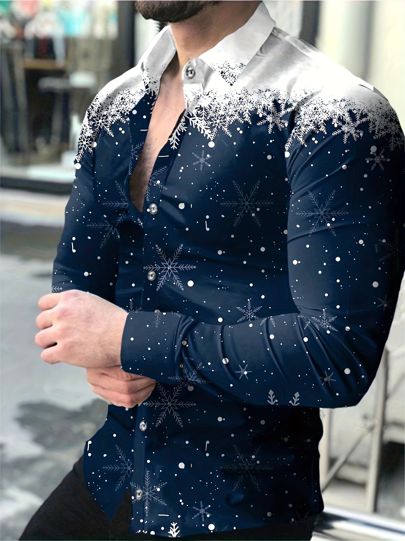 snowflake print mens stylish color block long sleeve lapel shirt for spring fall outdoor details 1