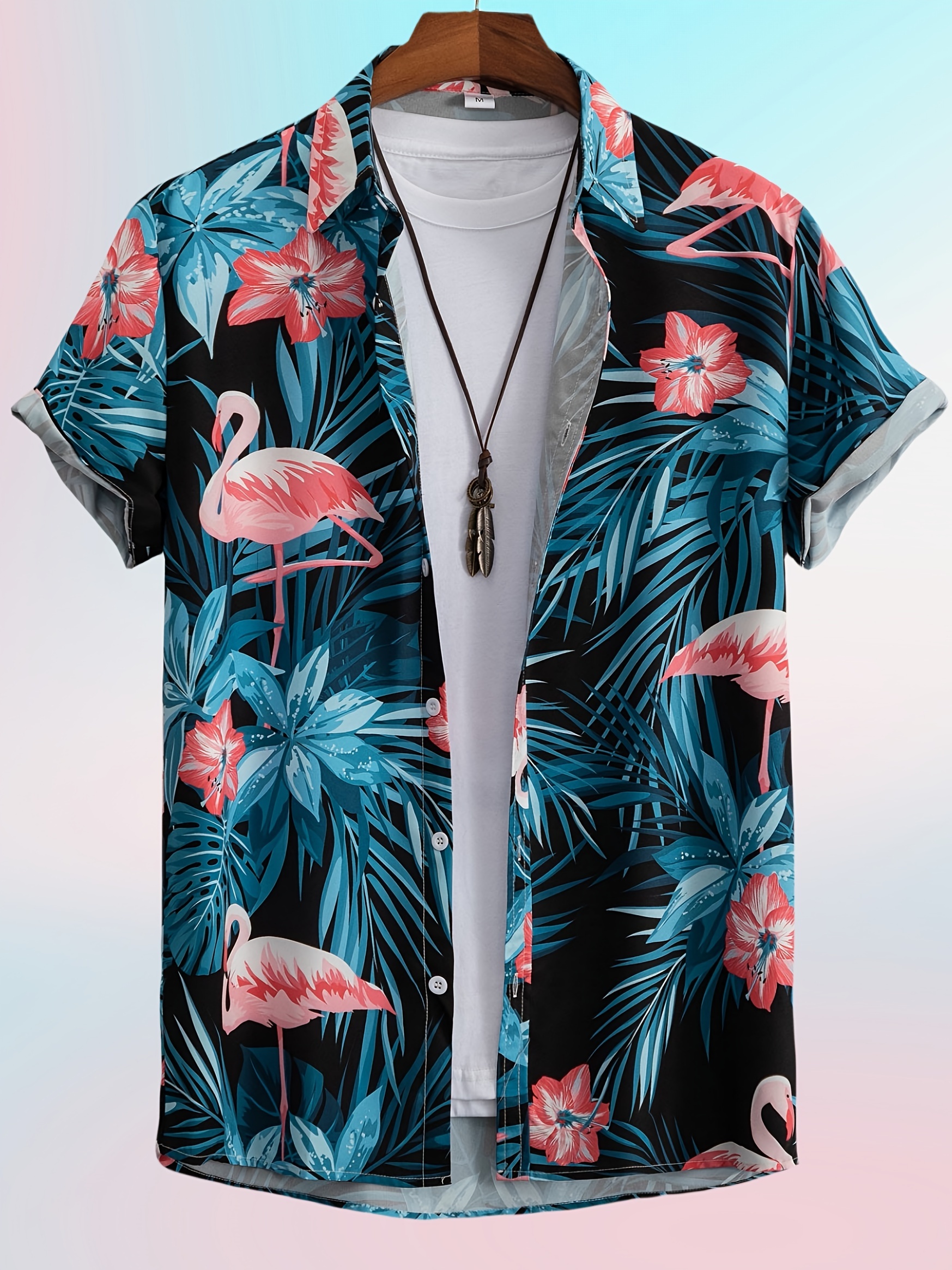 hawaiian shirt, trendy flamingo print mens casual short sleeve hawaiian shirt mens shirt for summer vacation resort tops for men gift for men details 1