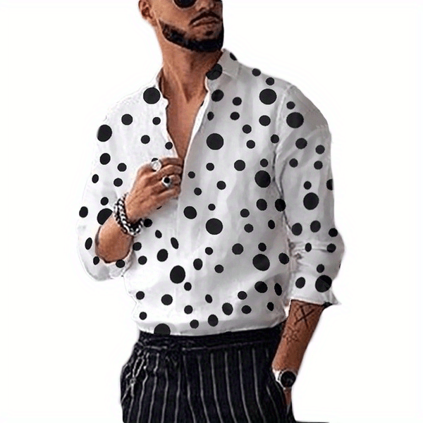 casual shirt, mens shirt top polka dots lapel long sleeves clothing regular fit dot printed button up male casual shirt for daily details 0