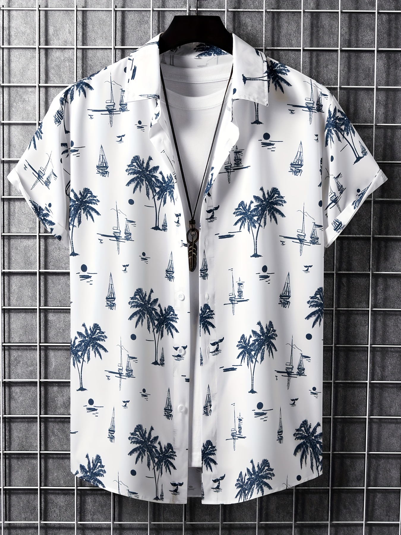 mens coconut tree sailboat hawaiian shirt trendy comfy short sleeve button up for summer beach vacations details 4