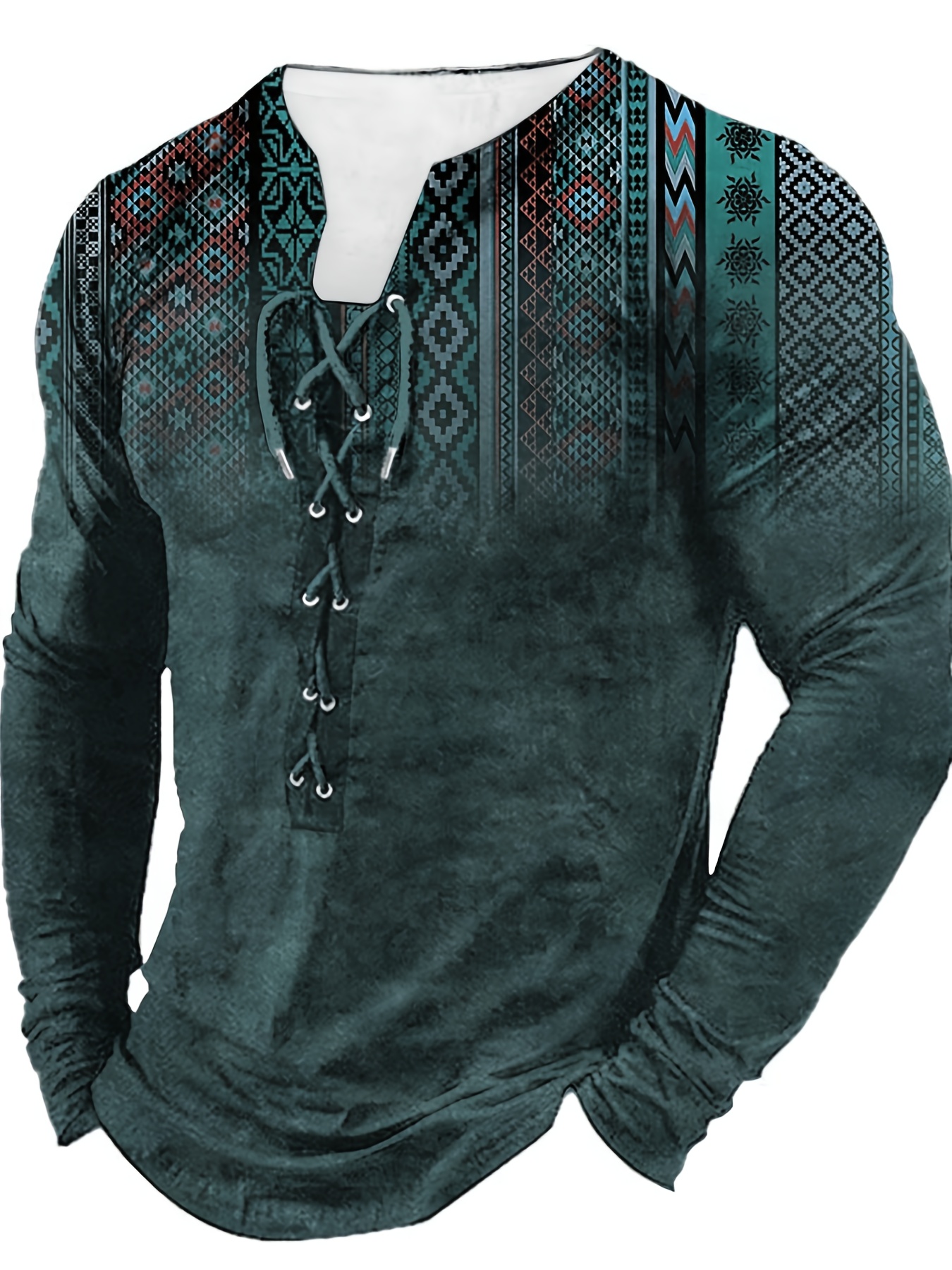 bohemian style pattern mens vintage long sleeve henley tee spring fall gift for men details 0