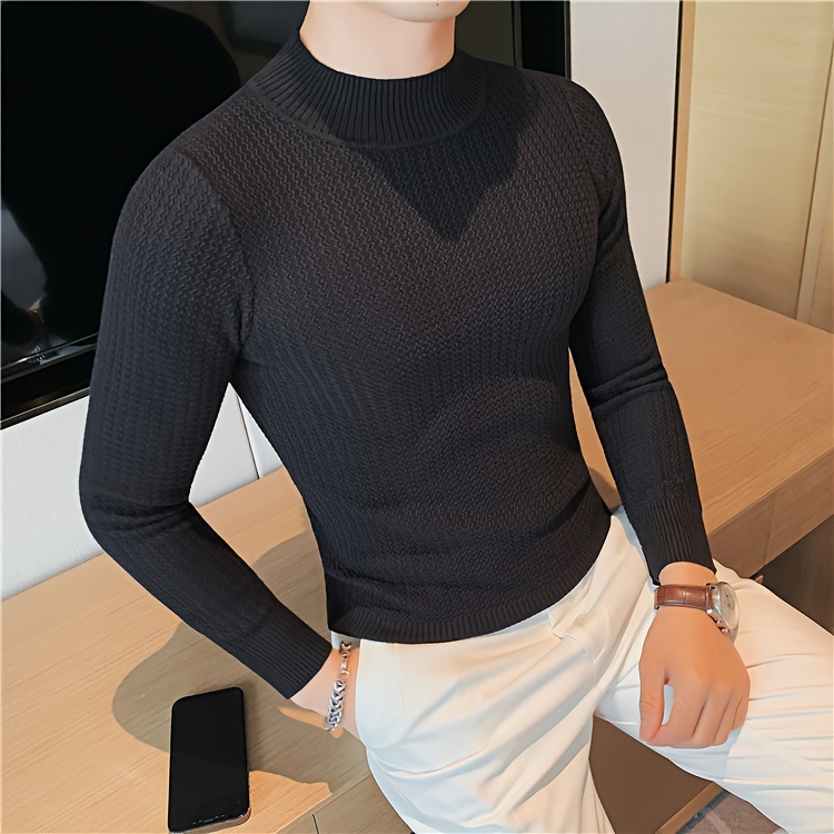 water ripple textured mens casual long sleeve turtleneck knitted bottoming shirt spring fall mens clothing details 1