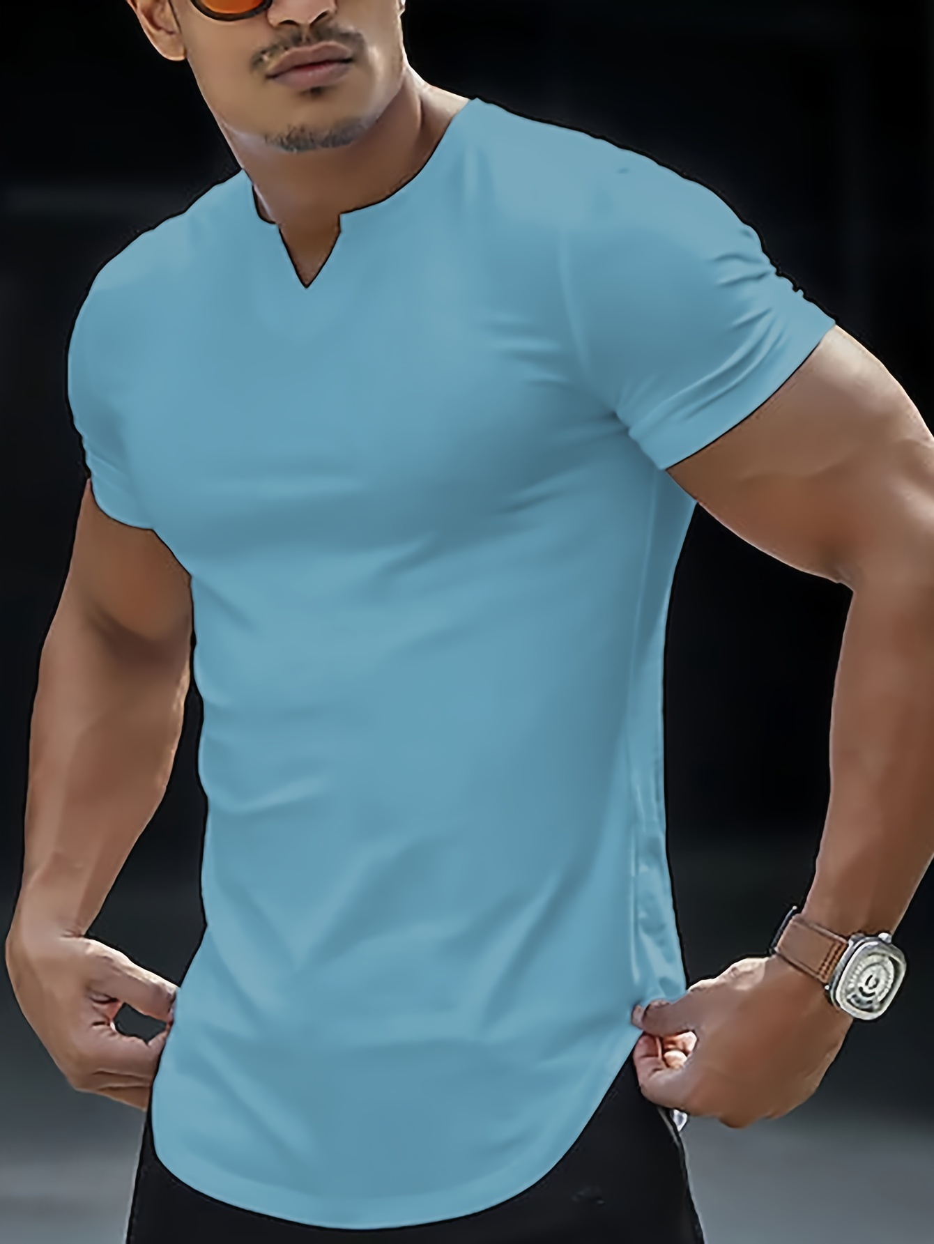 solid color mens comfy v neck medium stretch t shirt mens summer clothes mens outfits details 5