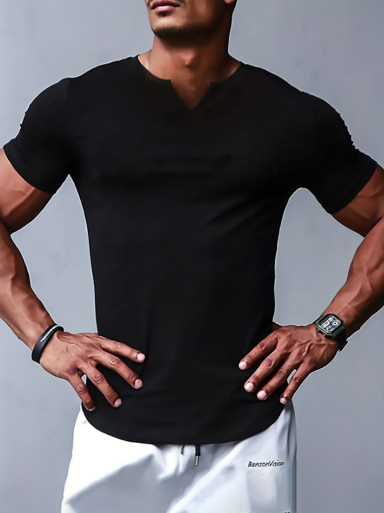 solid color mens comfy v neck medium stretch t shirt mens summer clothes mens outfits details 15