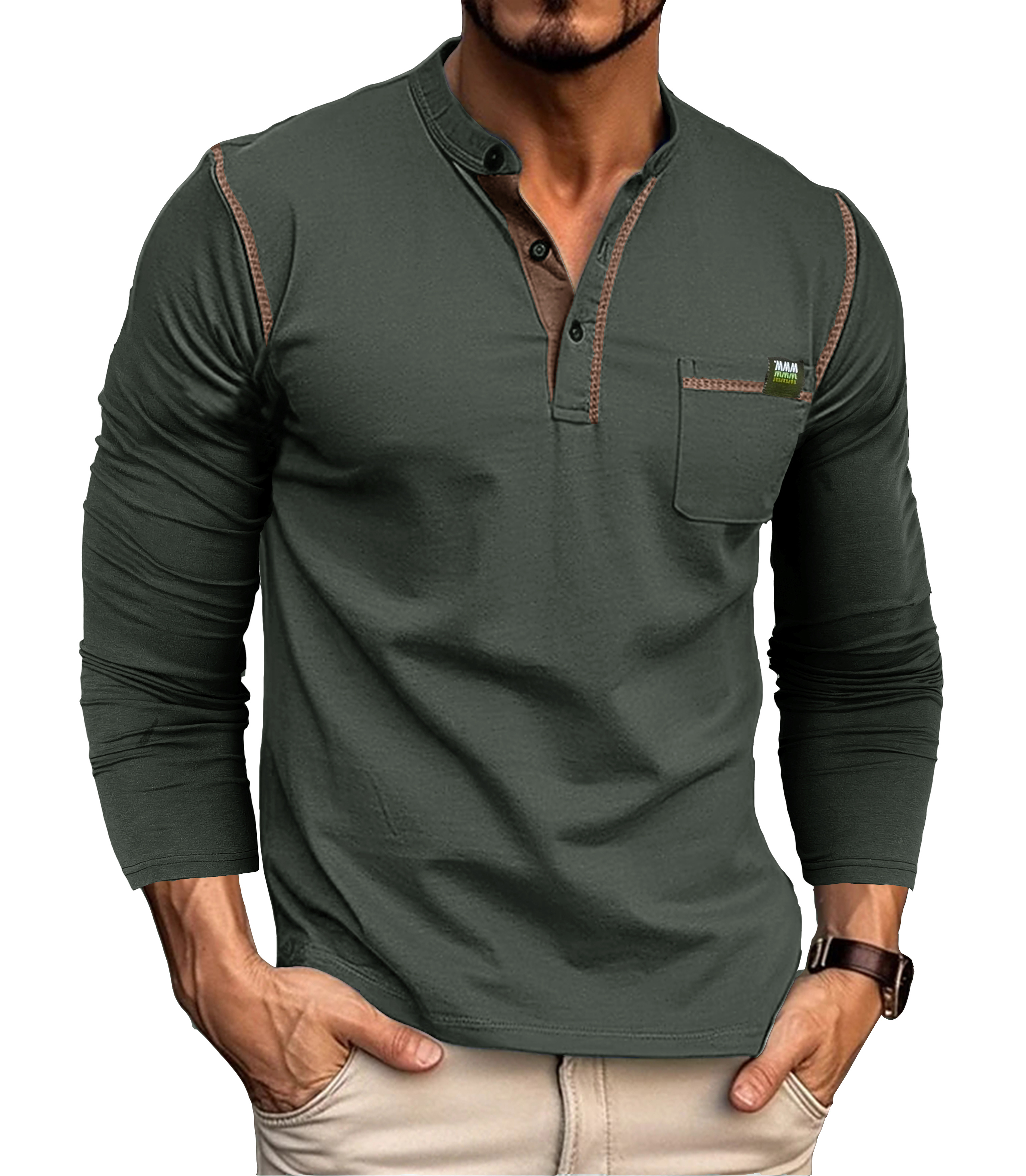 retro henley shirt mens casual v neck pullover long sleeve tshirts for spring fall mens clothing details 3