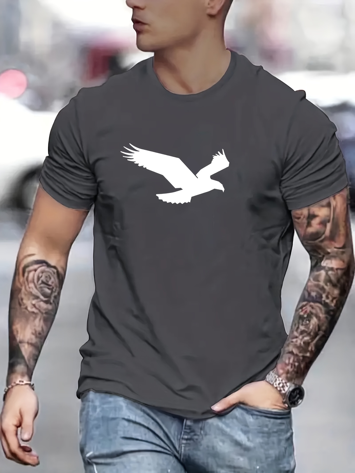 eagle pattern t shirt mens casual street style slightly stretch round neck tee shirt for summer fall details 0