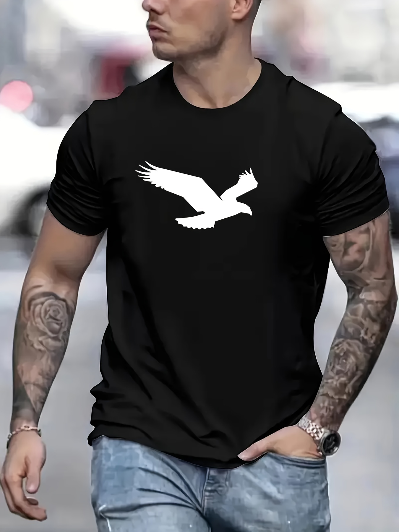 eagle pattern t shirt mens casual street style slightly stretch round neck tee shirt for summer fall details 10