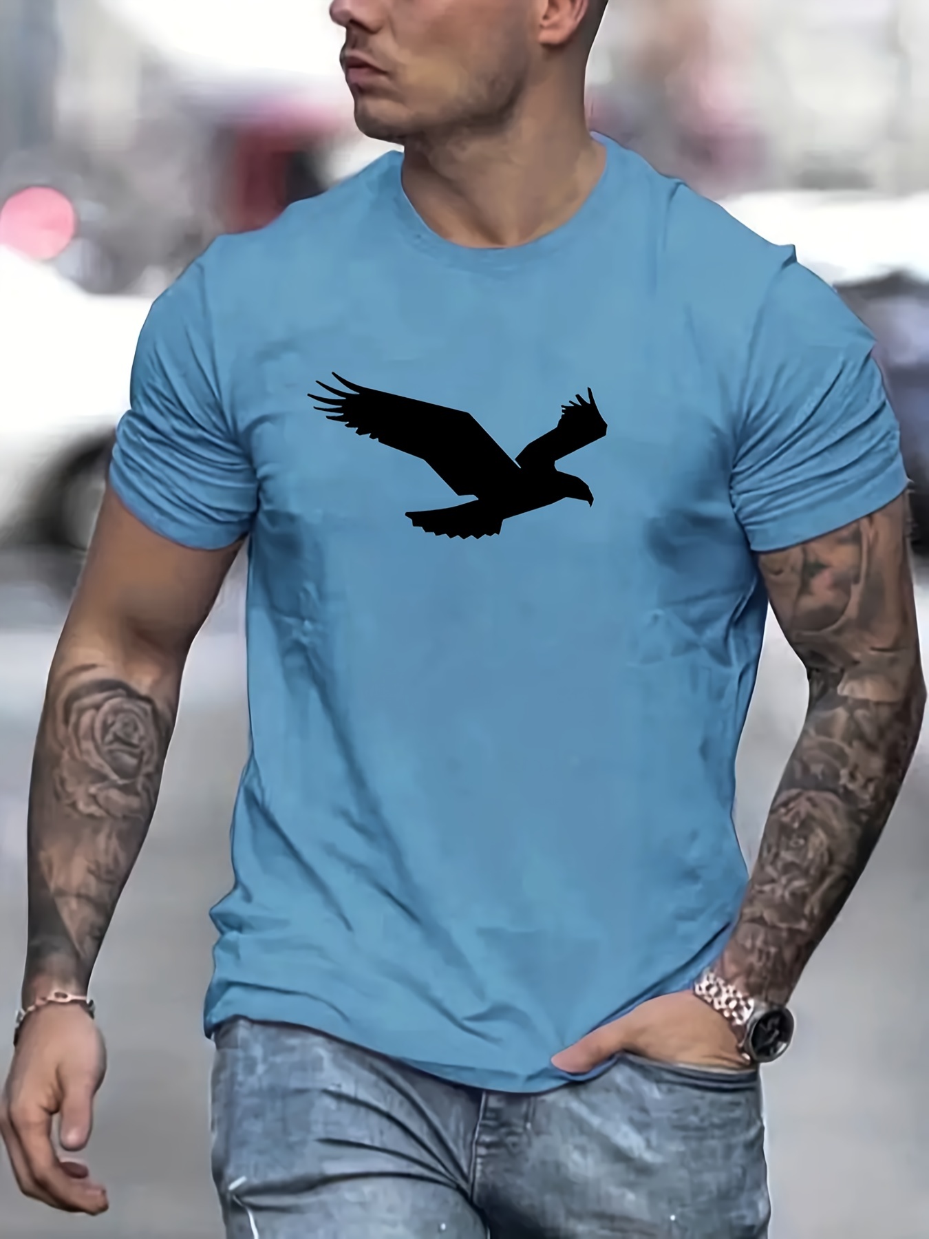 eagle pattern t shirt mens casual street style slightly stretch round neck tee shirt for summer fall details 20