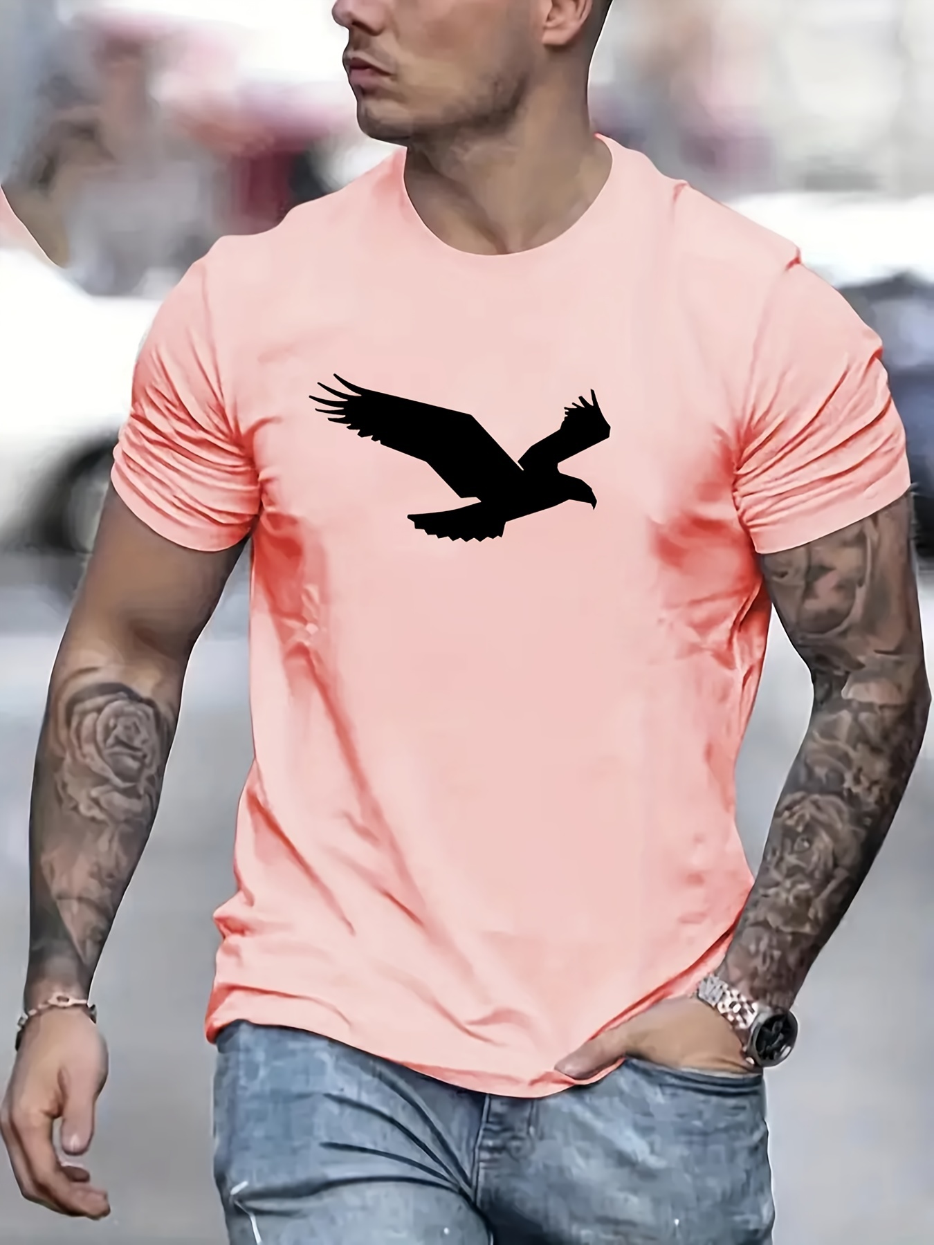 eagle pattern t shirt mens casual street style slightly stretch round neck tee shirt for summer fall details 35