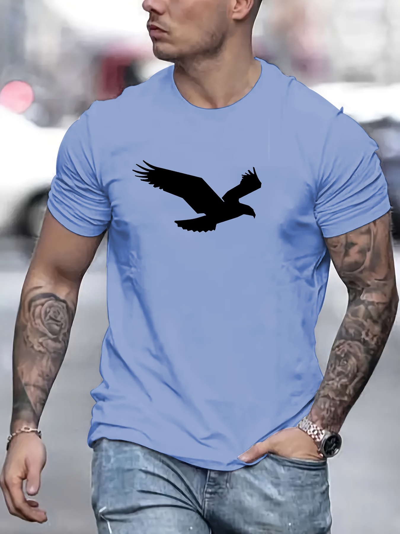 eagle pattern t shirt mens casual street style slightly stretch round neck tee shirt for summer fall details 40