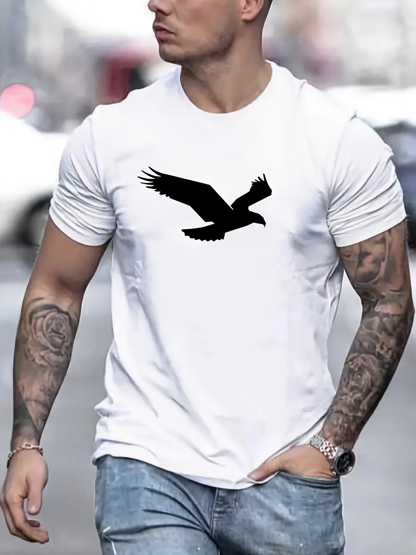 eagle pattern t shirt mens casual street style slightly stretch round neck tee shirt for summer fall details 50