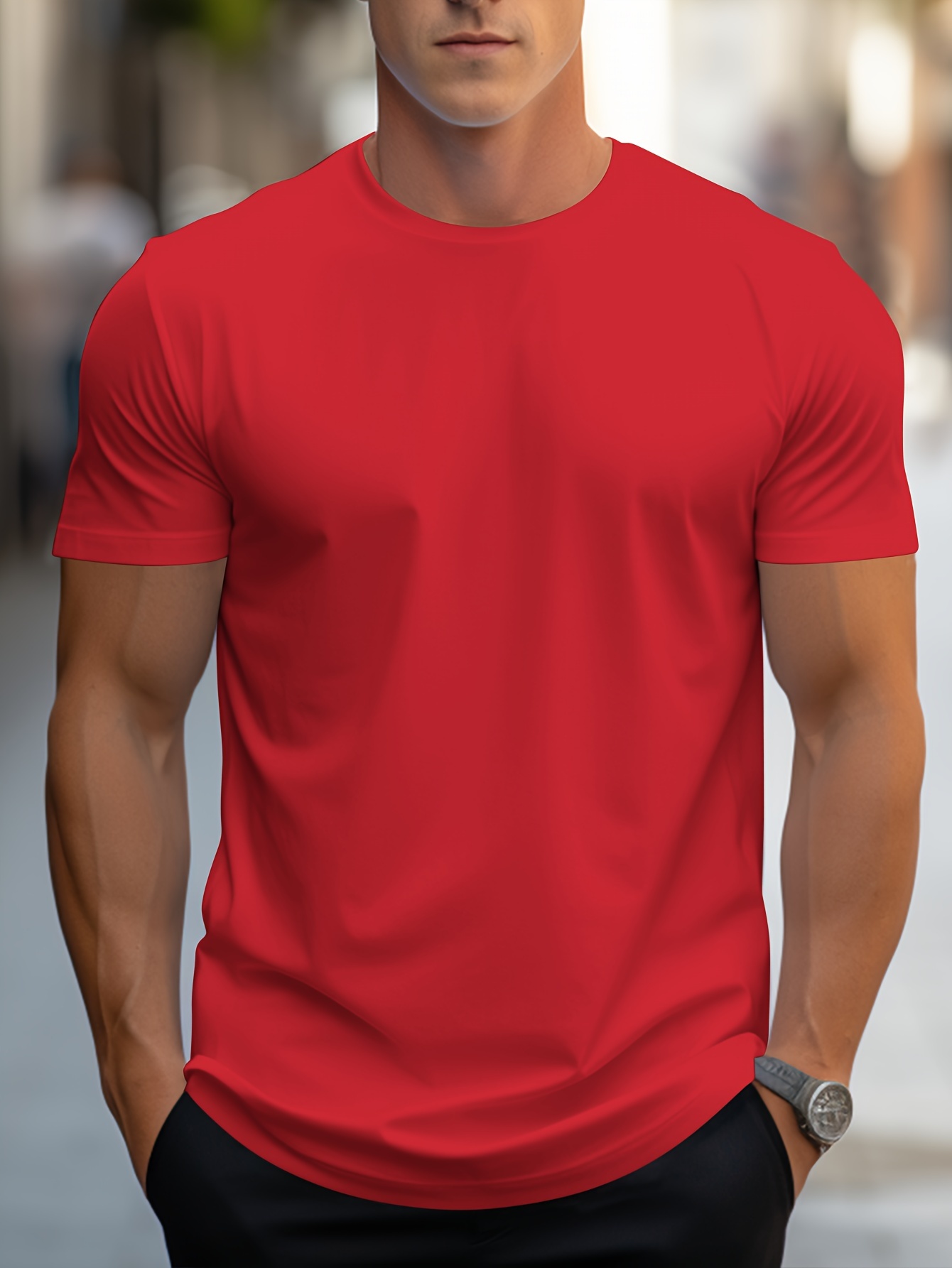 simple solid color t shirt mens casual street style stretch round neck tee shirt for summer details 0