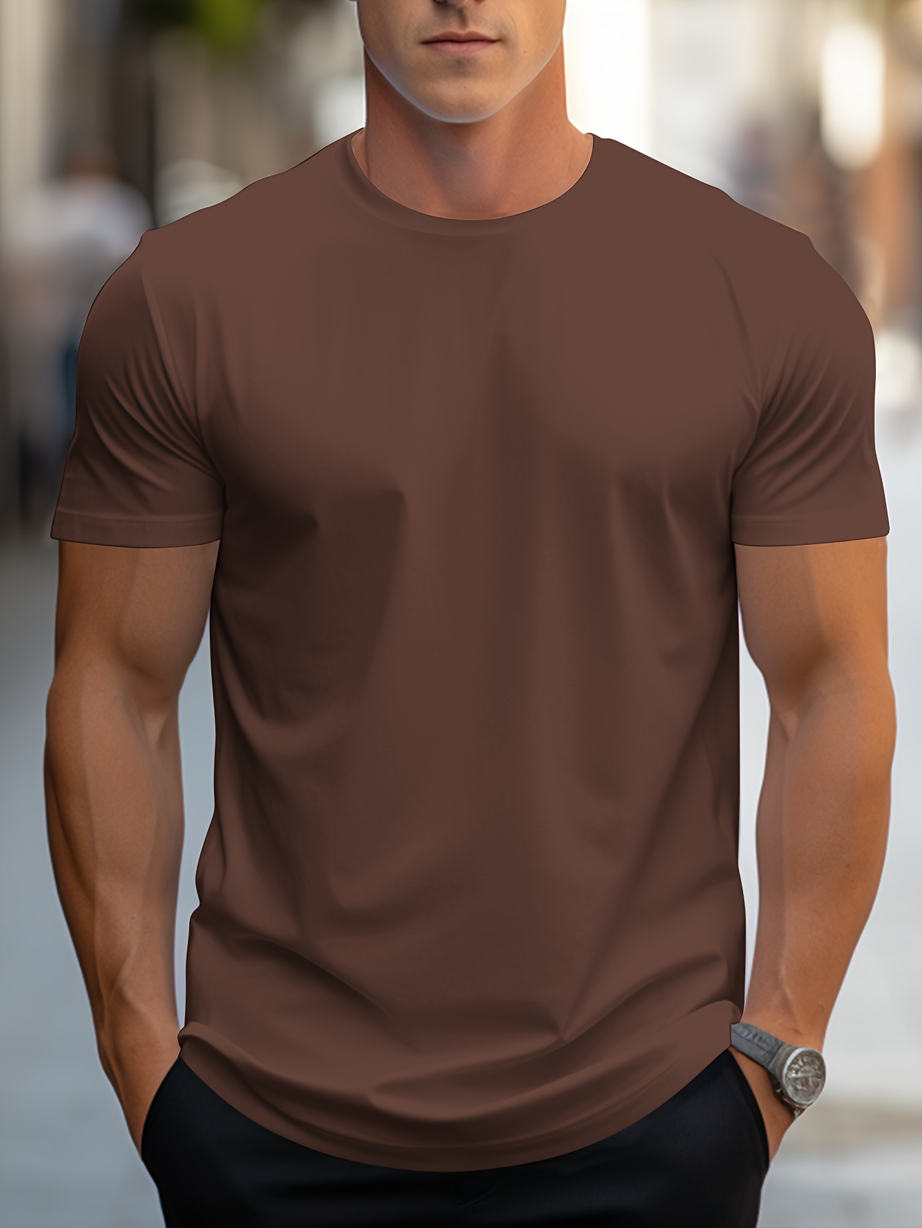 simple solid color t shirt mens casual street style stretch round neck tee shirt for summer details 10