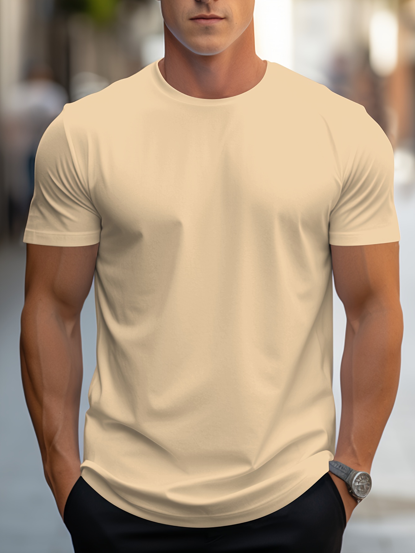 simple solid color t shirt mens casual street style stretch round neck tee shirt for summer details 20