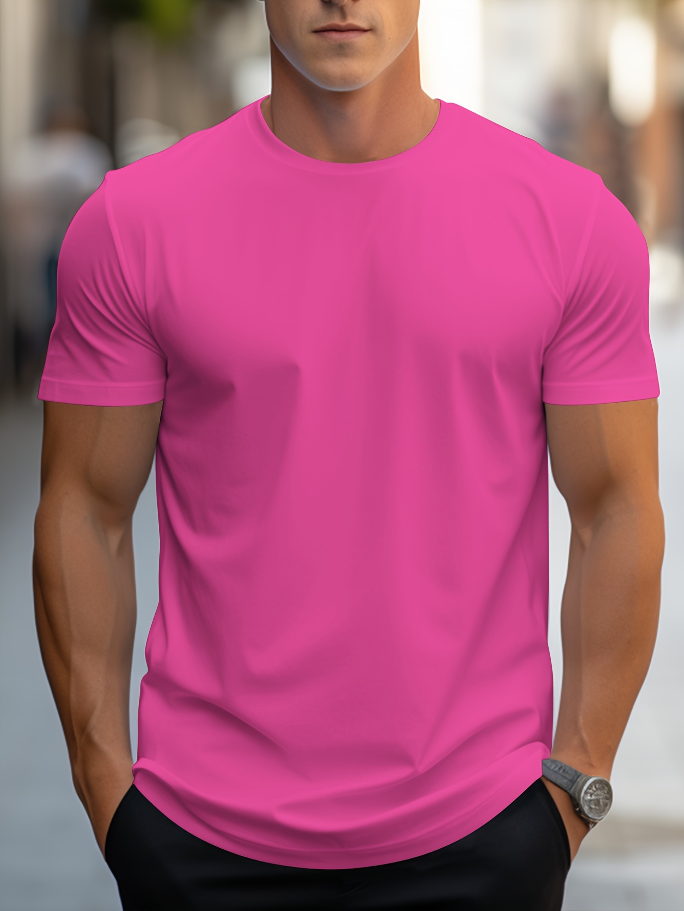 simple solid color t shirt mens casual street style stretch round neck tee shirt for summer details 25