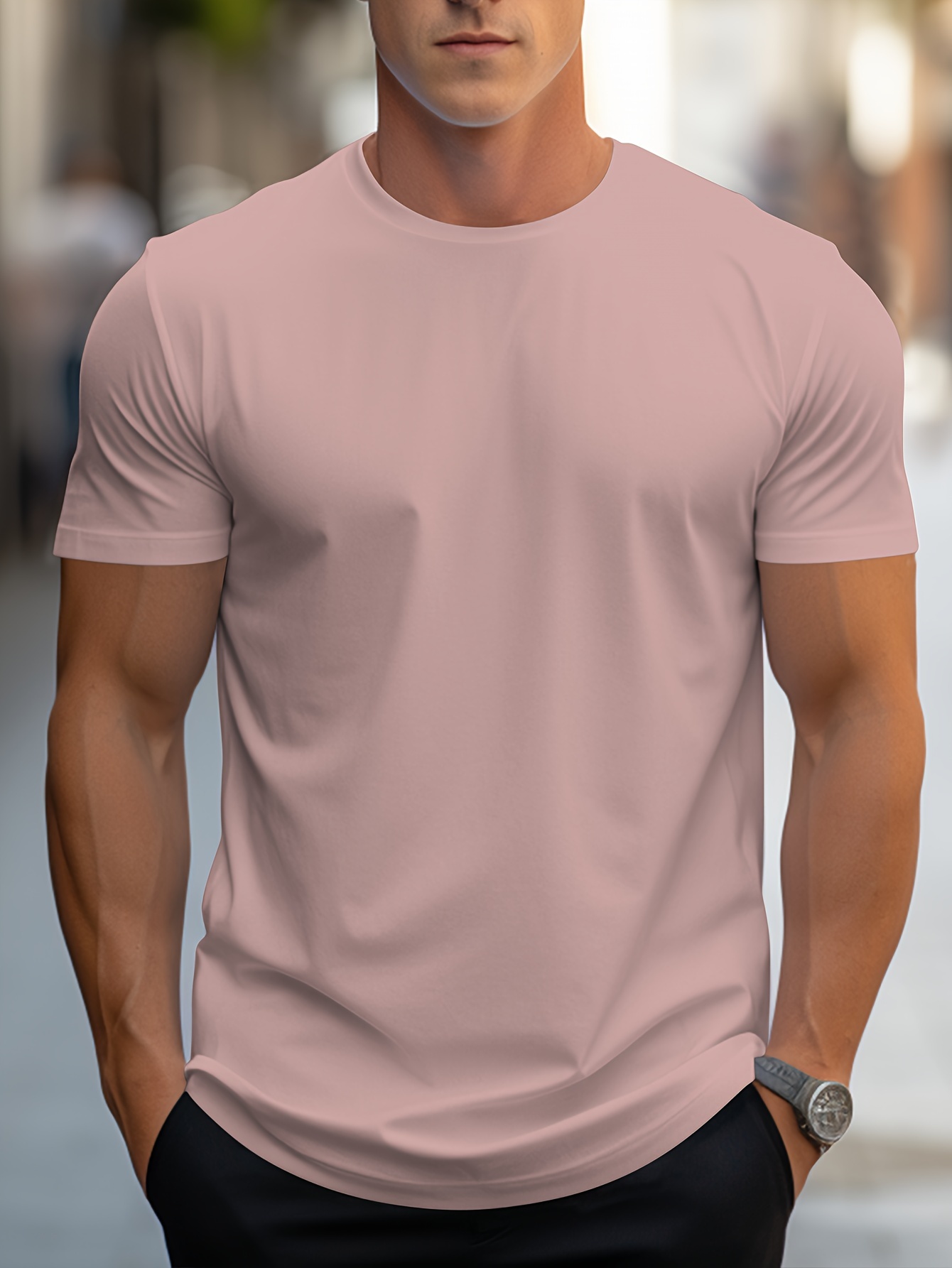 simple solid color t shirt mens casual street style stretch round neck tee shirt for summer details 30