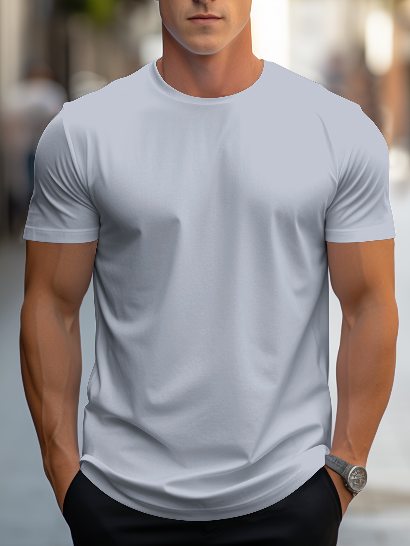 simple solid color t shirt mens casual street style stretch round neck tee shirt for summer details 35